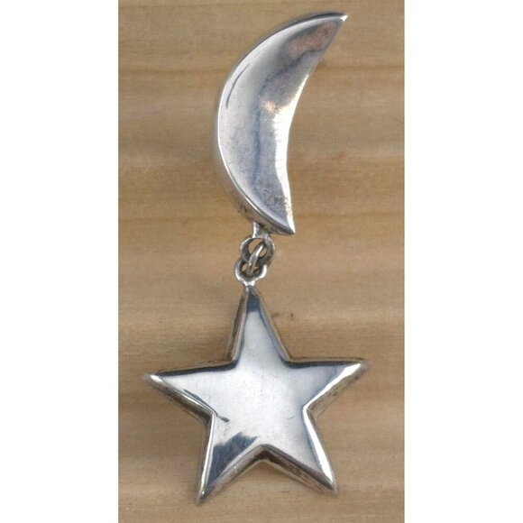 Vintage Sterling Silver Crescent Moon & Star Dangle Artisan Celestial Earrings - Picture 3 of 6